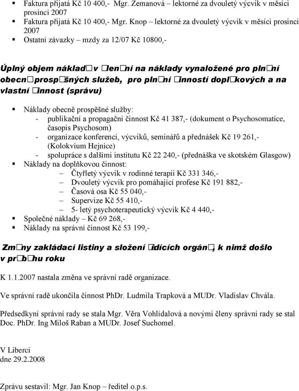 činností doplčkových a na vlastní činnost (správu) Náklady obecně prospěšné služby: - publikační a propagační činnost Kč 41 387,- (dokument o Psychosomatice, časopis Psychosom) - organizace