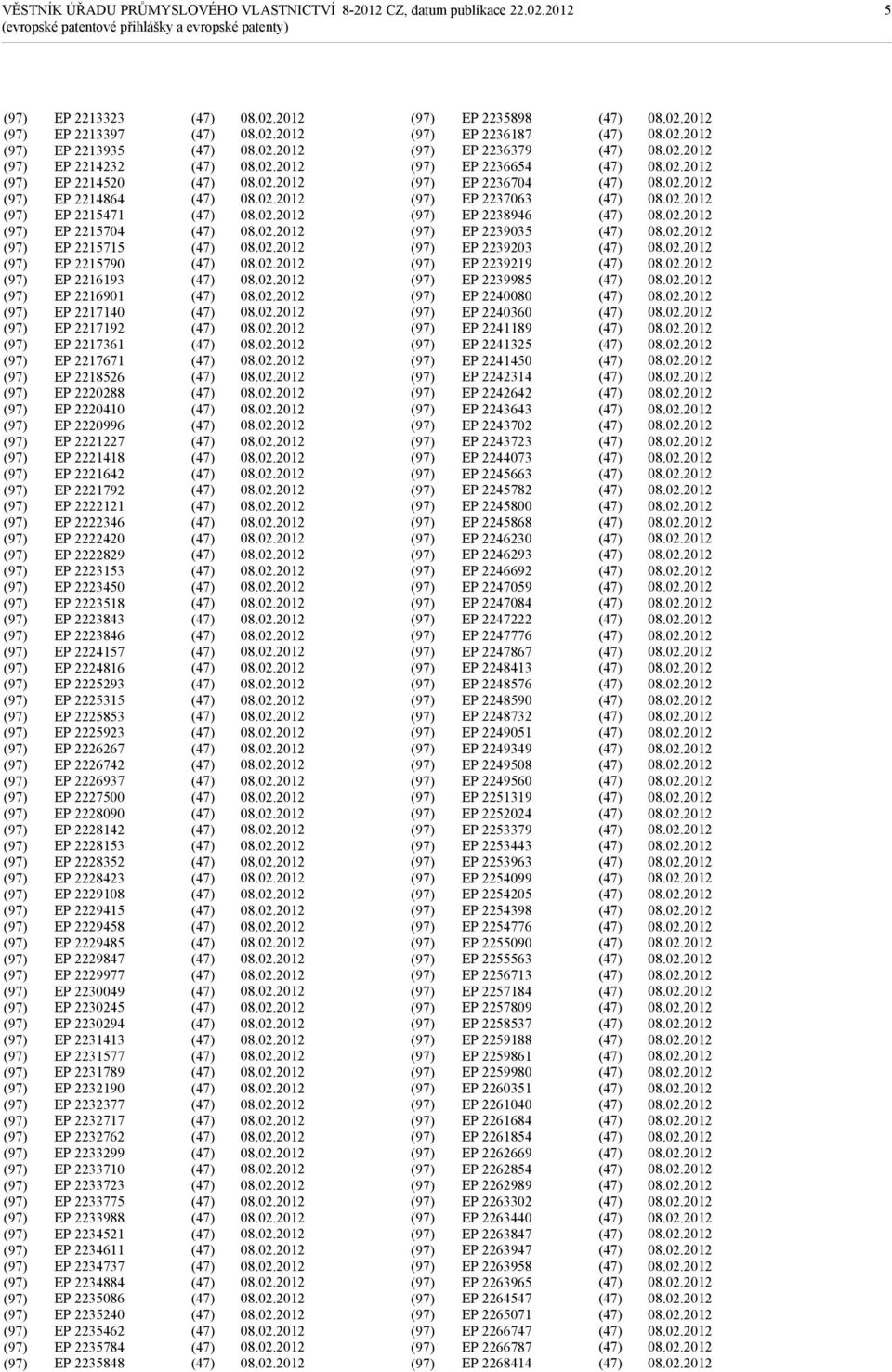 2223843 EP 2223846 EP 2224157 EP 2224816 EP 2225293 EP 2225315 EP 2225853 EP 2225923 EP 2226267 EP 2226742 EP 2226937 EP 2227500 EP 2228090 EP 2228142 EP 2228153 EP 2228352 EP 2228423 EP 2229108 EP