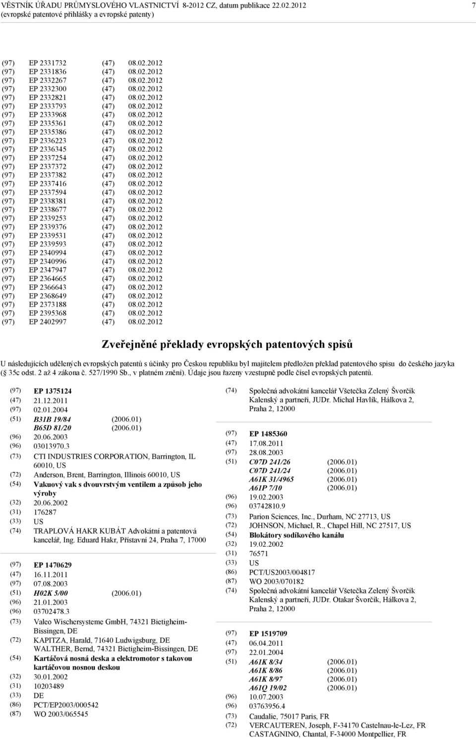 Zveřejněné překlady evropských patentových spisů U následujících udělených evropských patentů s účinky pro Českou republiku byl majitelem předložen překlad patentového spisu do českého jazyka ( 35c