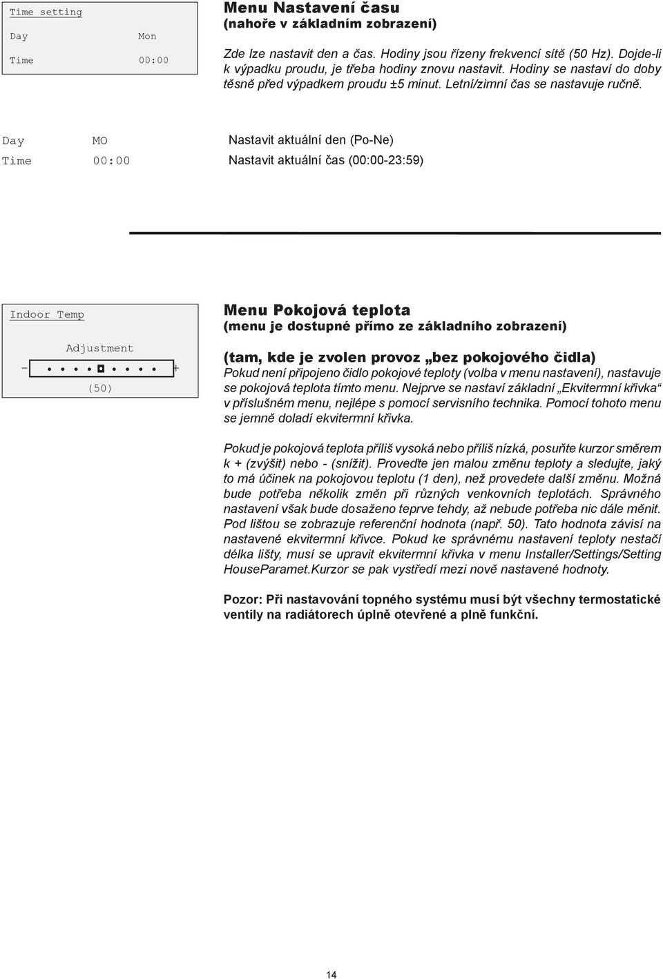 Day MO Nastavit aktuální den (Po-Ne) Time 00:00 Nastavit aktuální čas (00:00-23:59) Indoor Temp Adjustment - + (50) Menu Pokojová teplota (menu je dostupné přímo ze základního zobrazení) (tam, kde je