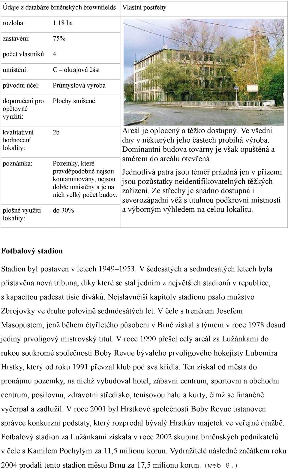 Pozemky, které pravděpodobně nejsou kontaminovány, nejsou dobře umístěny a je na nich velký počet budov. do 30% Areál je oplocený a těžko dostupný.