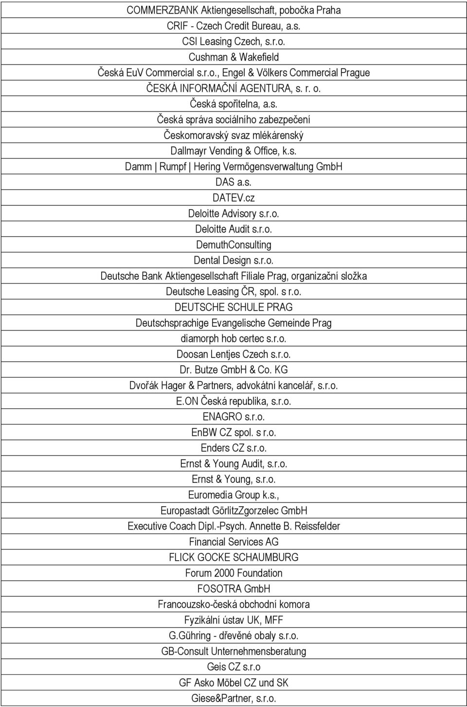 cz Deloitte Advisory s.r.o. Deloitte Audit s.r.o. DemuthConsulting Dental Design s.r.o. Deutsche Bank Aktiengesellschaft Filiale Prag, organizační sloţka Deutsche Leasing ČR, spol. s r.o. DEUTSCHE SCHULE PRAG Deutschsprachige Evangelische Gemeinde Prag diamorph hob certec s.