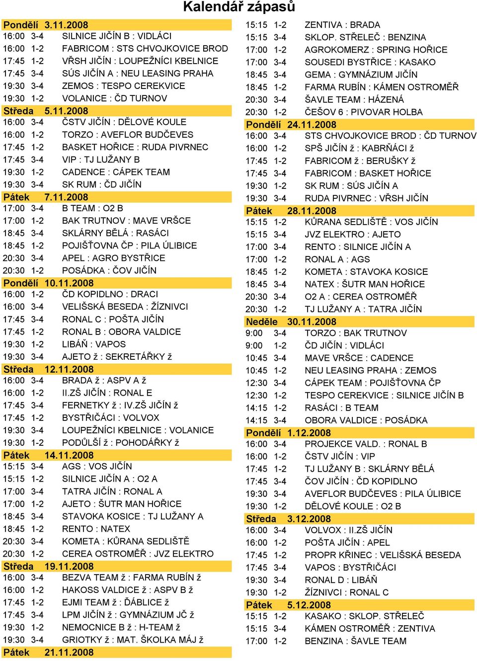 CEREKVICE 19:30 1-2 VOLANICE : ČD TURNOV Středa 5.11.