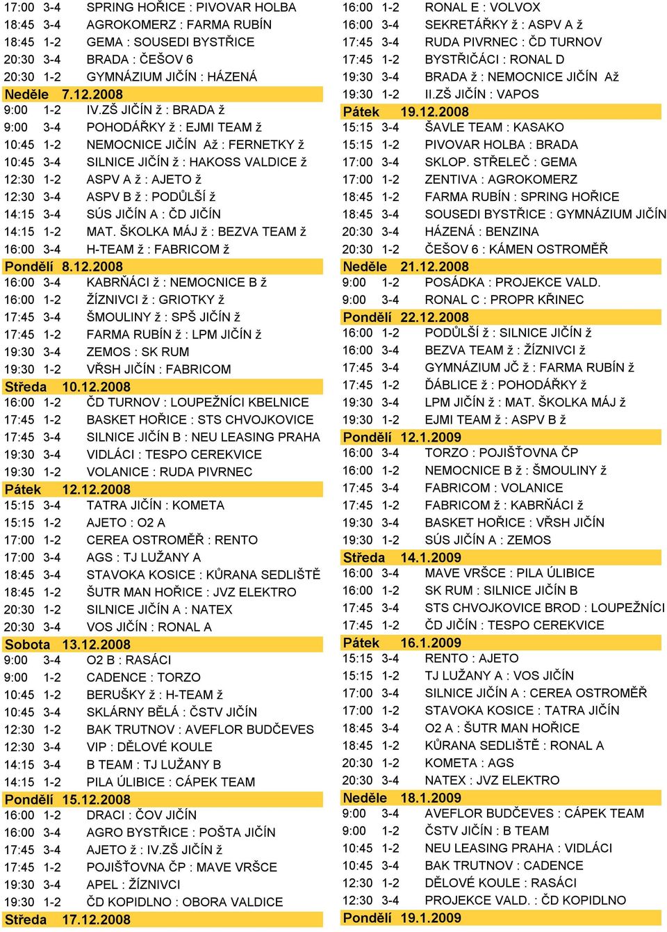 PODŮLŠÍ ž 14:15 3-4 SÚS JIČÍN A : ČD JIČÍN 14:15 1-2 MAT. ŠKOLKA MÁJ ž : BEZVA TEAM ž 16:00 3-4 H-TEAM ž : FABRICOM ž Pondělí 8.12.