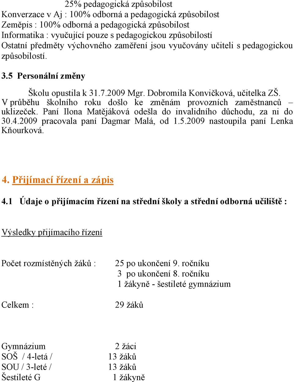 V průběhu školního roku došlo ke změnám provozních zaměstnanců uklizeček. Paní Ilona Matějáková odešla do invalidního důchodu, za ni do 30.4.2009 pracovala paní Dagmar Malá, od 1.5.