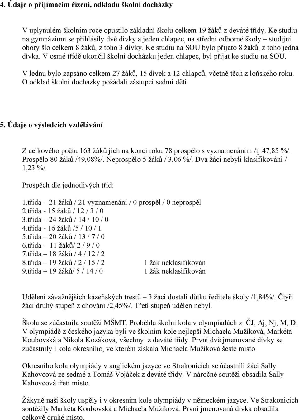 V osmé třídě ukončil školní docházku jeden chlapec, byl přijat ke studiu na SOU. V lednu bylo zapsáno celkem 27 žáků, 15 dívek a 12 chlapců, včetně těch z loňského roku.