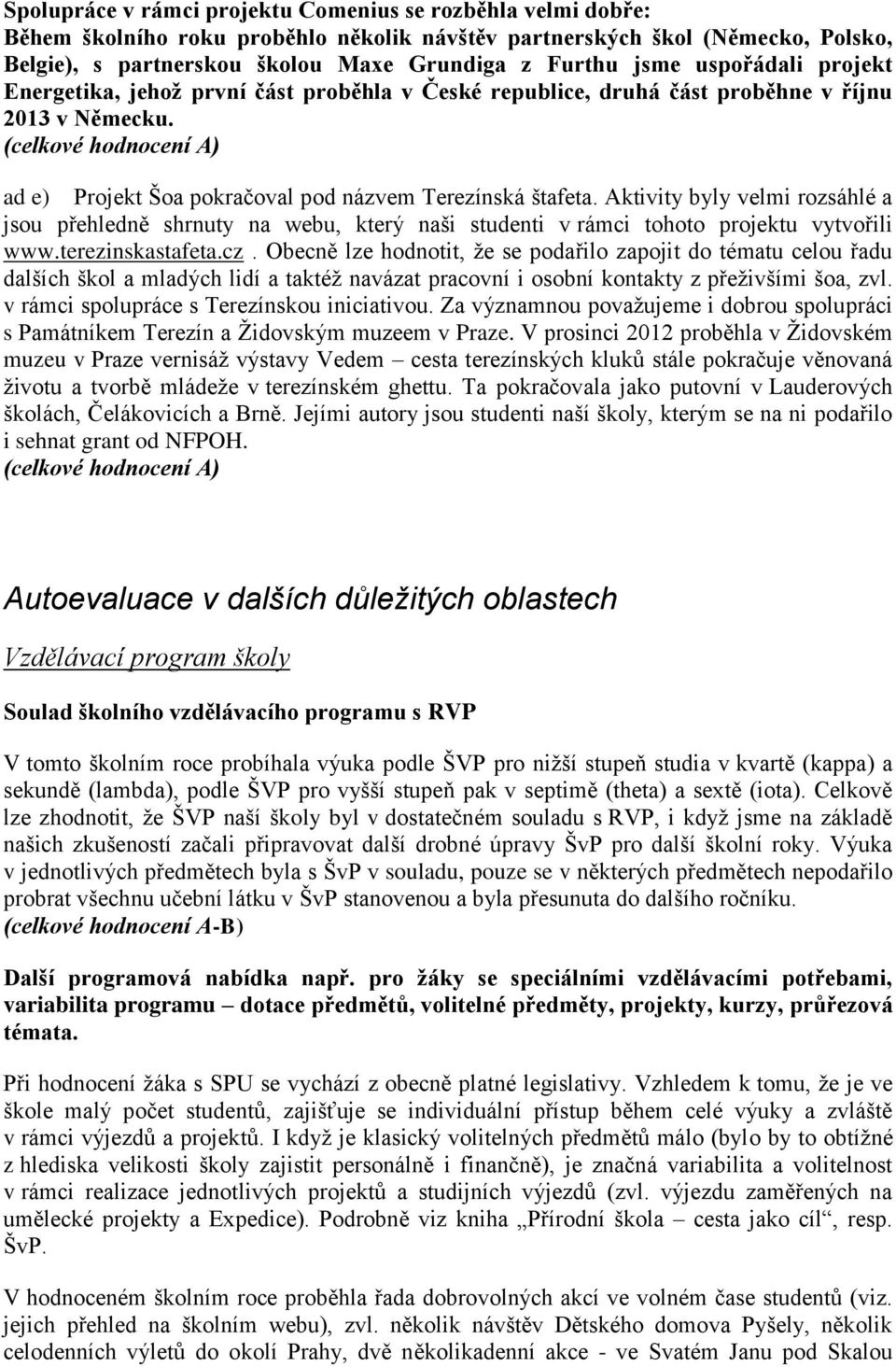 Aktivity byly velmi rozsáhlé a jsou přehledně shrnuty na webu, který naši studenti v rámci tohoto projektu vytvořili www.terezinskastafeta.cz.