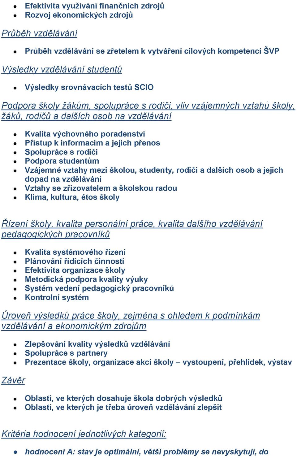 přenos Spolupráce s rodiči Podpora studentům Vzájemné vztahy mezi školou, studenty, rodiči a dalších osob a jejich dopad na vzdělávání Vztahy se zřizovatelem a školskou radou Klima, kultura, étos