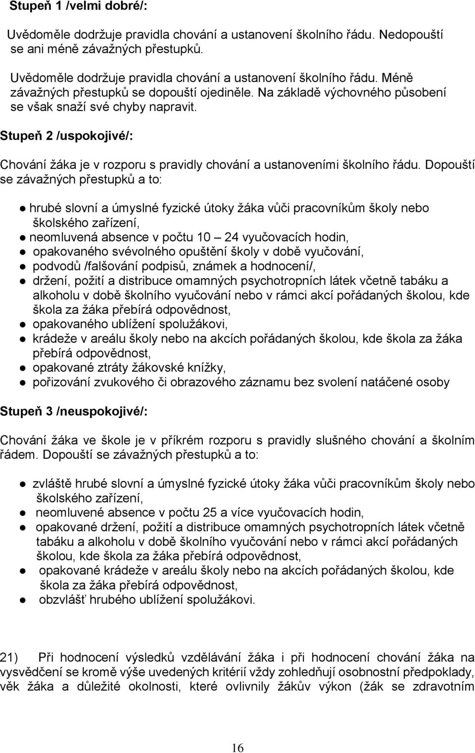 Dopouští se závažných přestupků a to: hrubé slovní a úmyslné fyzické útoky žáka vůči pracovníkům školy nebo školského zařízení, neomluvená absence v počtu 10 24 vyučovacích hodin, opakovaného