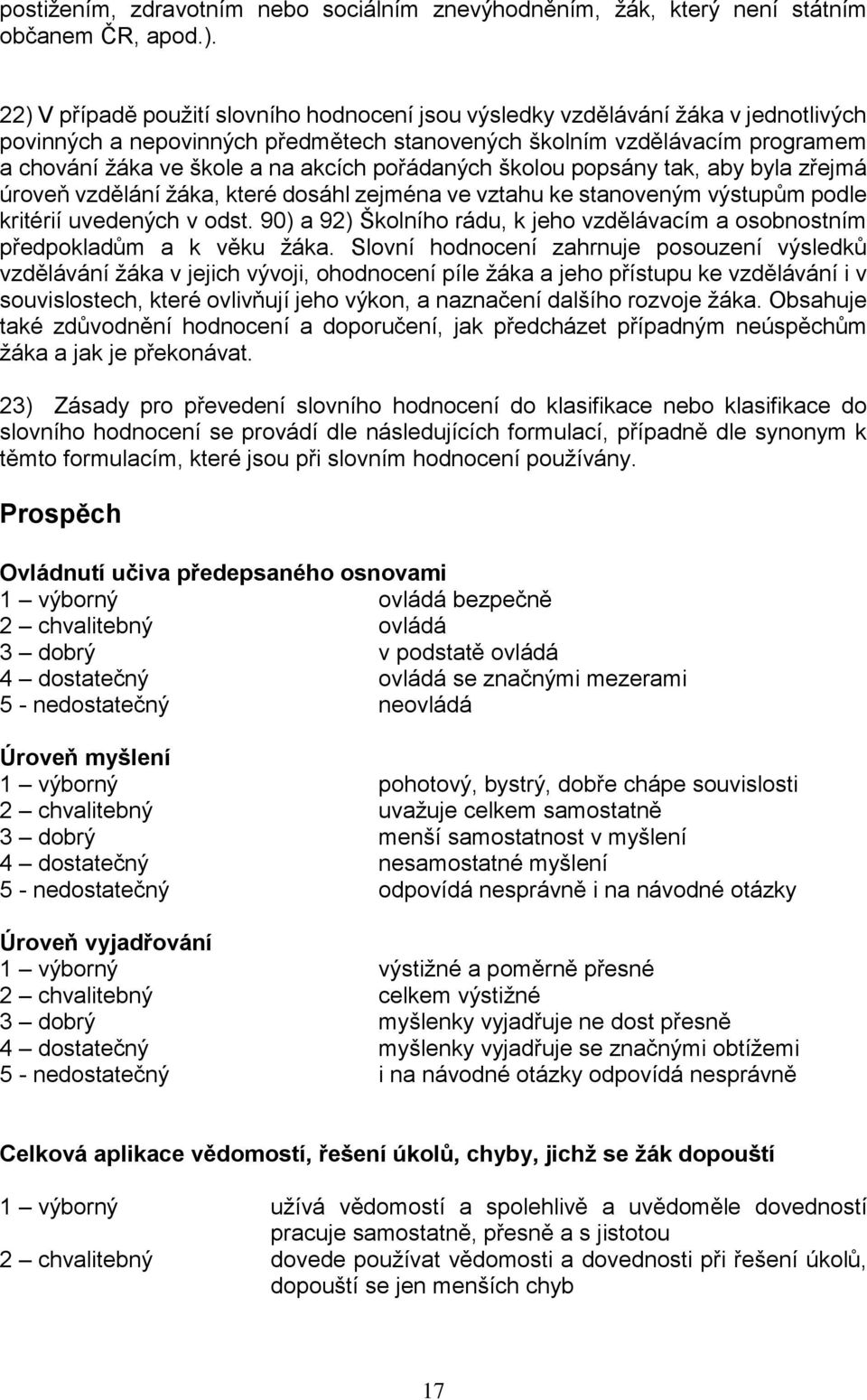 pořádaných školou popsány tak, aby byla zřejmá úroveň vzdělání žáka, které dosáhl zejména ve vztahu ke stanoveným výstupům podle kritérií uvedených v odst.