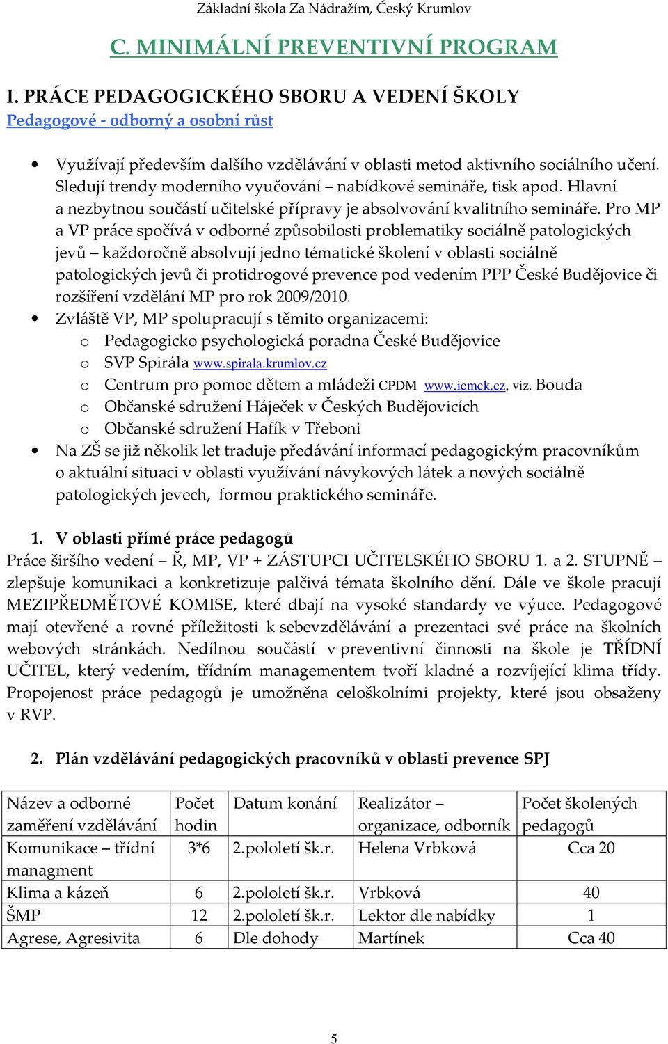 Pro MP a VP práce spočívá v odborné způsobilosti problematiky sociálně patologických jevů každoročně absolvují jedno tématické školení v oblasti sociálně patologických jevů či protidrogové prevence