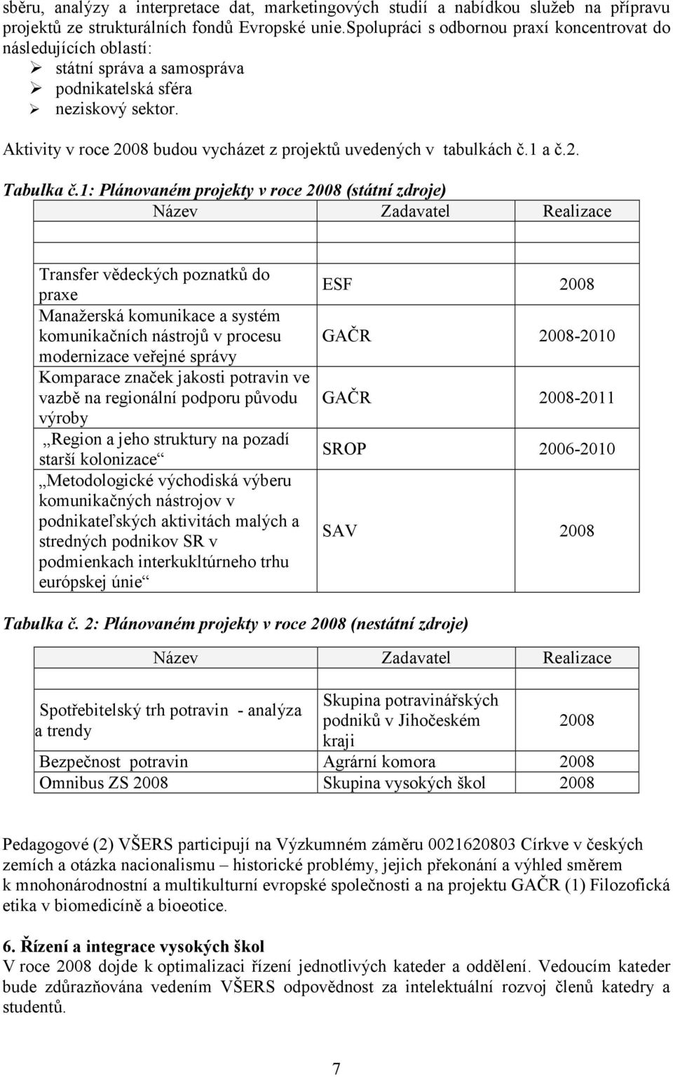 Aktivity v roce 2008 budou vycházet z projektů uvedených v tabulkách č.1 a č.2. Tabulka č.