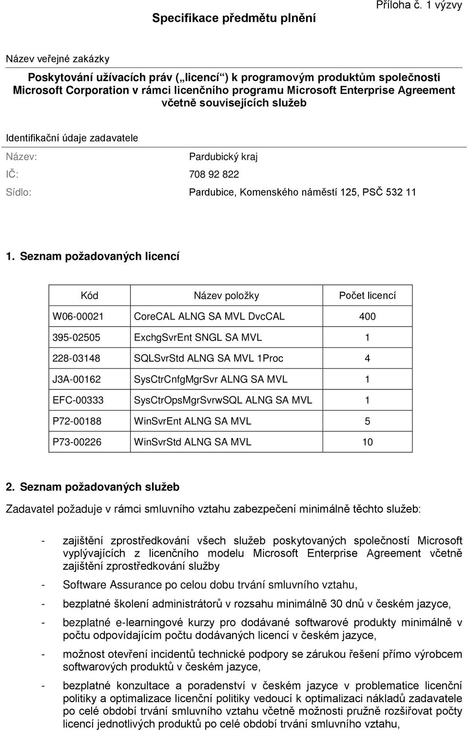 souvisejících služeb Identifikační údaje zadavatele Název: Pardubický kraj IČ: 708 92 822 Sídlo: Pardubice, Komenského náměstí 125, PSČ 532 11 1.