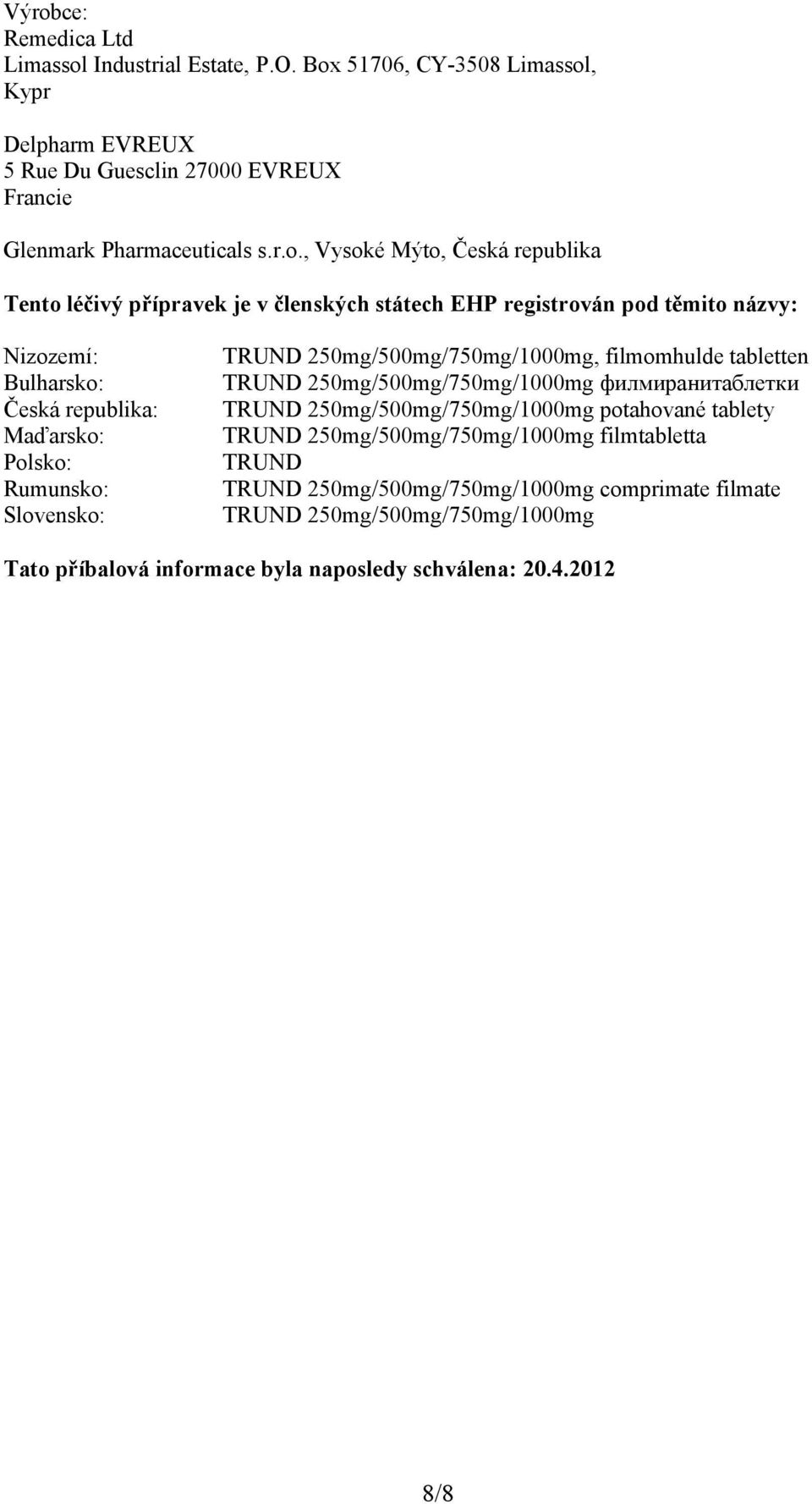 Slovensko: TRUND 250mg/500mg/750mg/1000mg, filmomhulde tabletten TRUND 250mg/500mg/750mg/1000mg филмиранитаблетки TRUND 250mg/500mg/750mg/1000mg potahované tablety TRUND