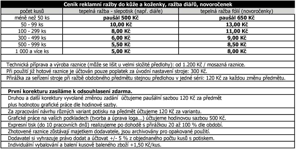 lišit u velmi složité předlohy): od 1.200 Kč / mosazná raznice. Při použití již hotové raznice je účtován pouze poplatek za úvodní nastavení stroje: 300 Kč.