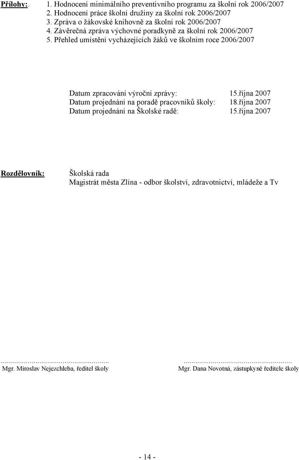 Přehled umístění vycházejících žáků ve školním roce 2006/2007 Datum zpracování výroční zprávy: 15.října 2007 Datum projednání na poradě pracovníků školy: 18.