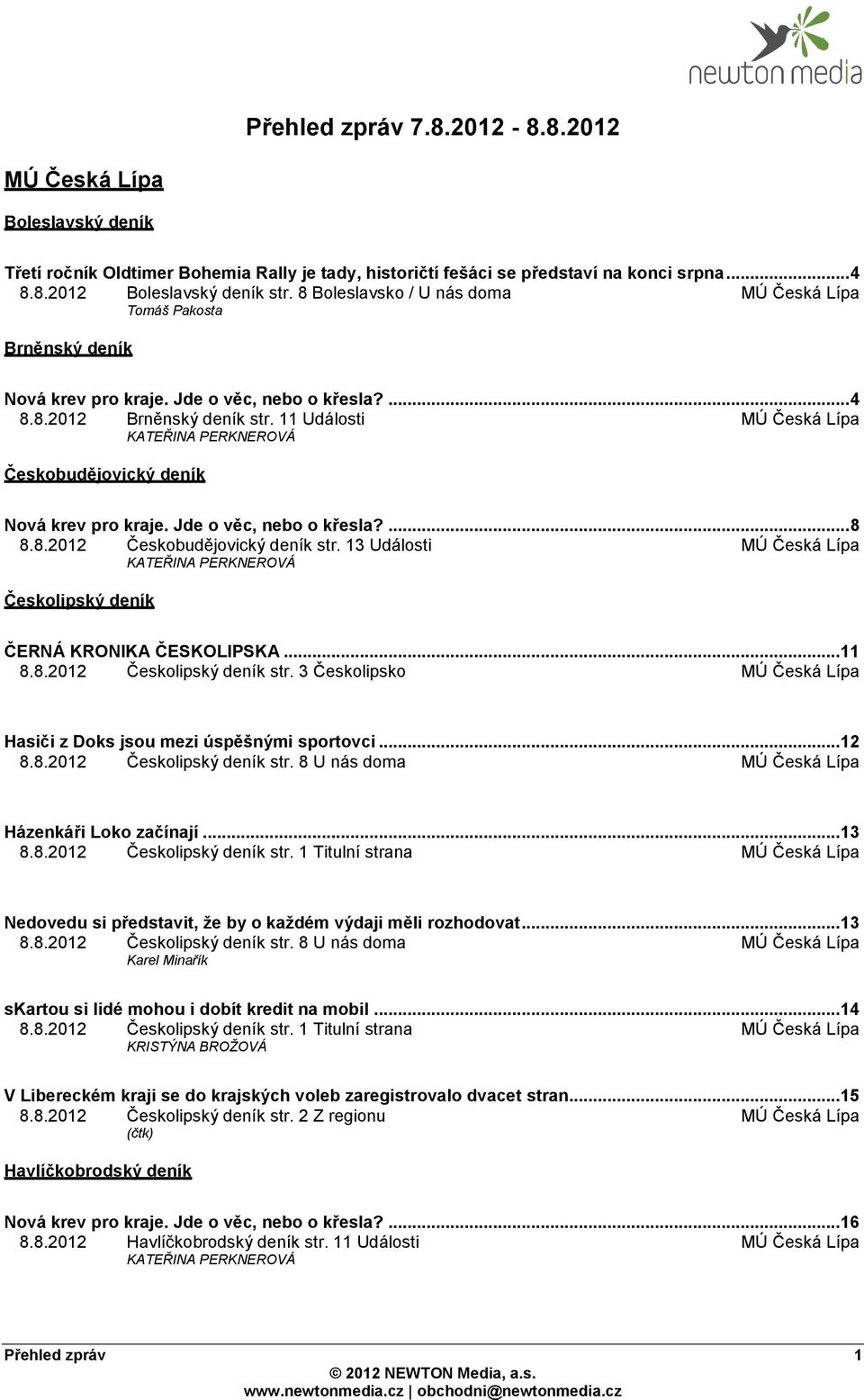 11 Události MÚ Česká Lípa KATEŘINA PERKNEROVÁ Českobudějovický deník Nová krev pro kraje. Jde o věc, nebo o křesla?... 8 8.8.2012 Českobudějovický deník str.