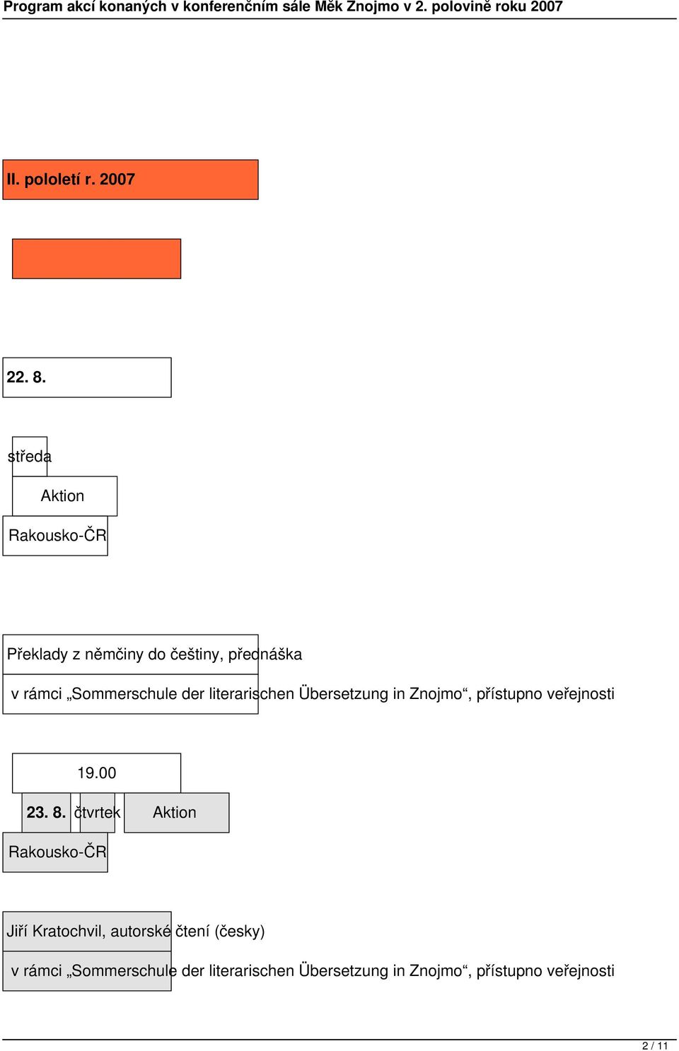 Sommerschule der literarischen Übersetzung in Znojmo, přístupno veřejnosti 19.00 23. 8.