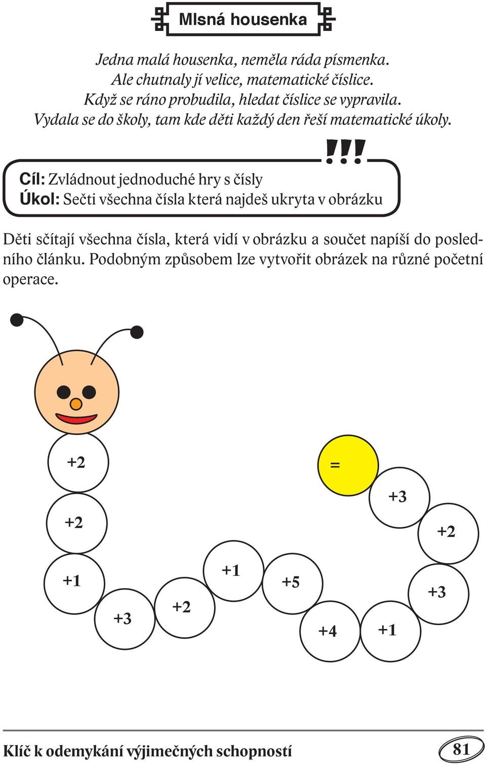 Cíl: Zvládnout jednoduché hry s čísly Úkol: Sečti všechna čísla která najdeš ukryta v obrázku Děti sčítají všechna čísla, která vidí v