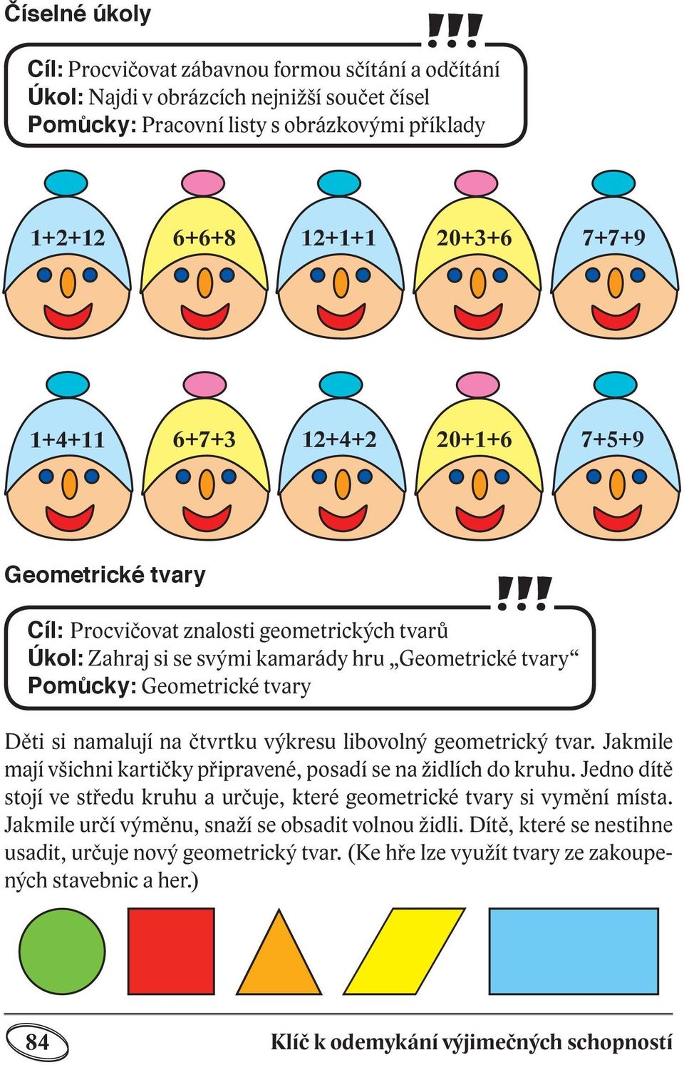 čtvrtku výkresu libovolný geometrický tvar. Jakmile mají všichni kartičky připravené, posadí se na židlích do kruhu. Jedno dítě stojí ve středu kruhu a určuje, které geometrické tvary si vymění místa.