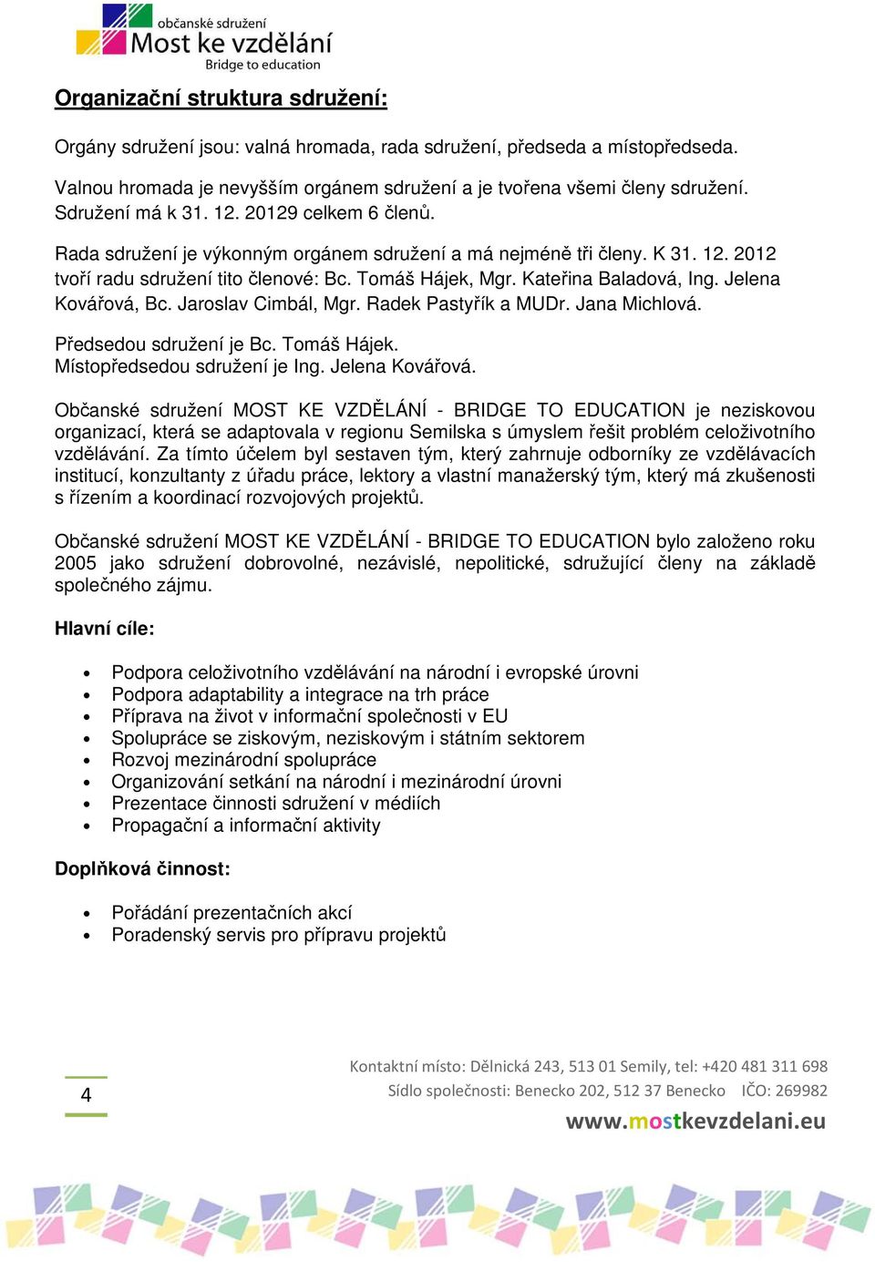 Kovářová, Bc Jaroslav Cimbál, Mgr Radek Pastyřík a MUDr Jana Michlová Předsedou sdružení je Bc Tomáš Hájek Místopředsedou sdružení je Ing Jelena Kovářová Občanské sdružení MOST KE VZDĚLÁNÍ - BRIDGE