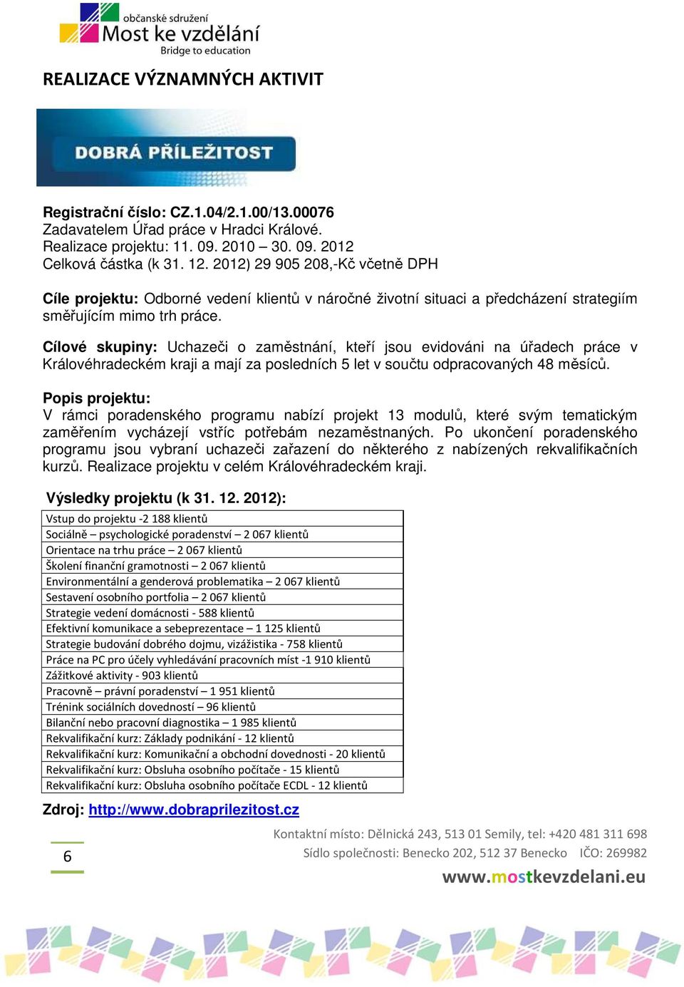 práce v Královéhradeckém kraji a mají za posledních 5 let v součtu odpracovaných 48 měsíců Popis projektu: V rámci poradenského programu nabízí projekt 13 modulů, které svým tematickým zaměřením