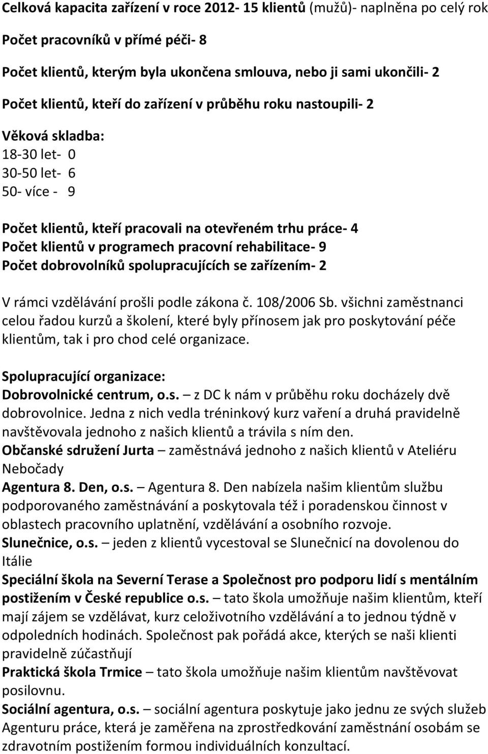 rehabilitace- 9 Počet dobrovolníků spolupracujících se zařízením- 2 V rámci vzdělávání prošli podle zákona č. 108/2006 Sb.