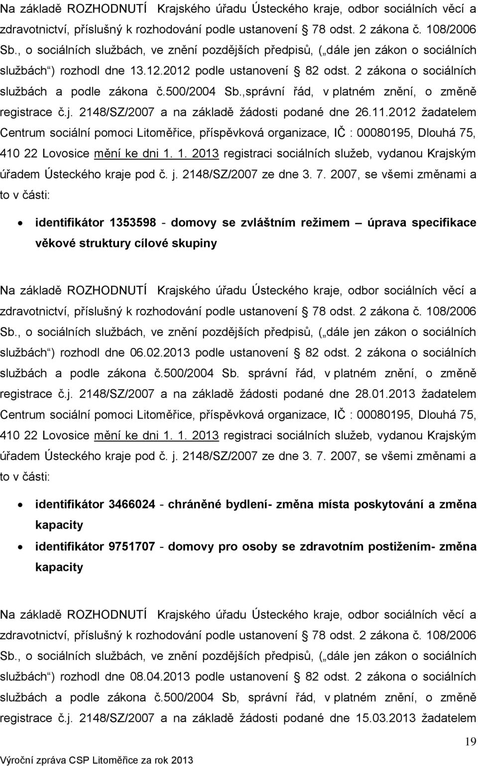 500/2004 Sb.,správní řád, v platném znění, o změně registrace č.j. 2148/SZ/2007 a na základě žádosti podané dne 26.11.