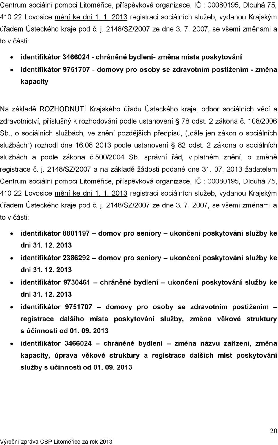 2007, se všemi změnami a to v části: identifikátor 3466024 - chráněné bydlení- změna místa poskytování identifikátor 9751707 - domovy pro osoby se zdravotním postižením - změna kapacity Na základě