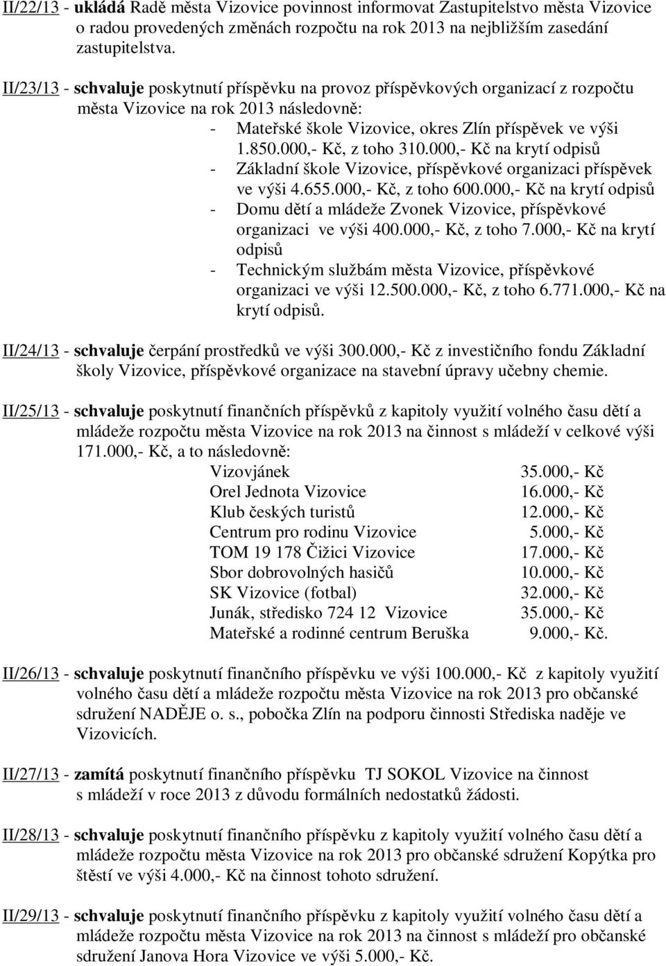 000,- Kč, z toho 310.000,- Kč na krytí odpisů - Základní škole Vizovice, příspěvkové organizaci příspěvek ve výši 4.655.000,- Kč, z toho 600.