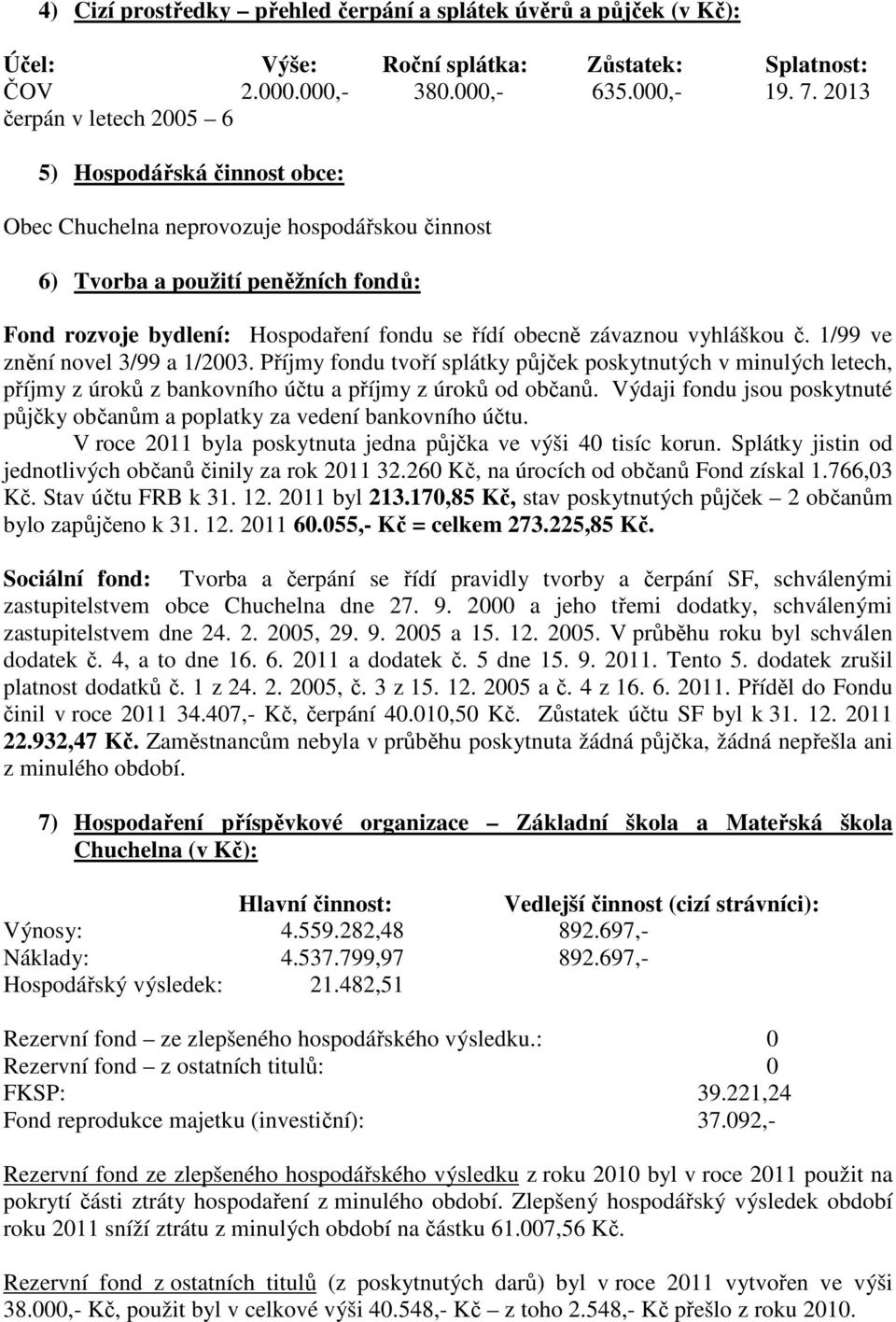 závaznou vyhláškou č. 1/99 ve znění novel 3/99 a 1/2003. Příjmy fondu tvoří splátky půjček poskytnutých v minulých letech, příjmy z úroků z bankovního účtu a příjmy z úroků od občanů.