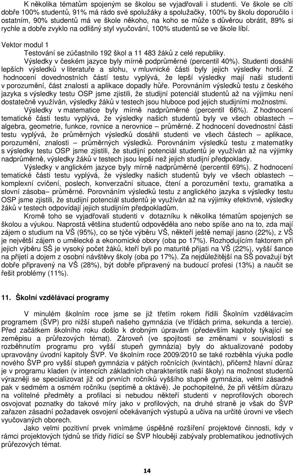 dobře zvyklo na odlišný styl vyučování, 00% studentů se ve škole líbí. Vektor modul Testování se zúčastnilo 92 škol a 483 žáků z celé republiky.