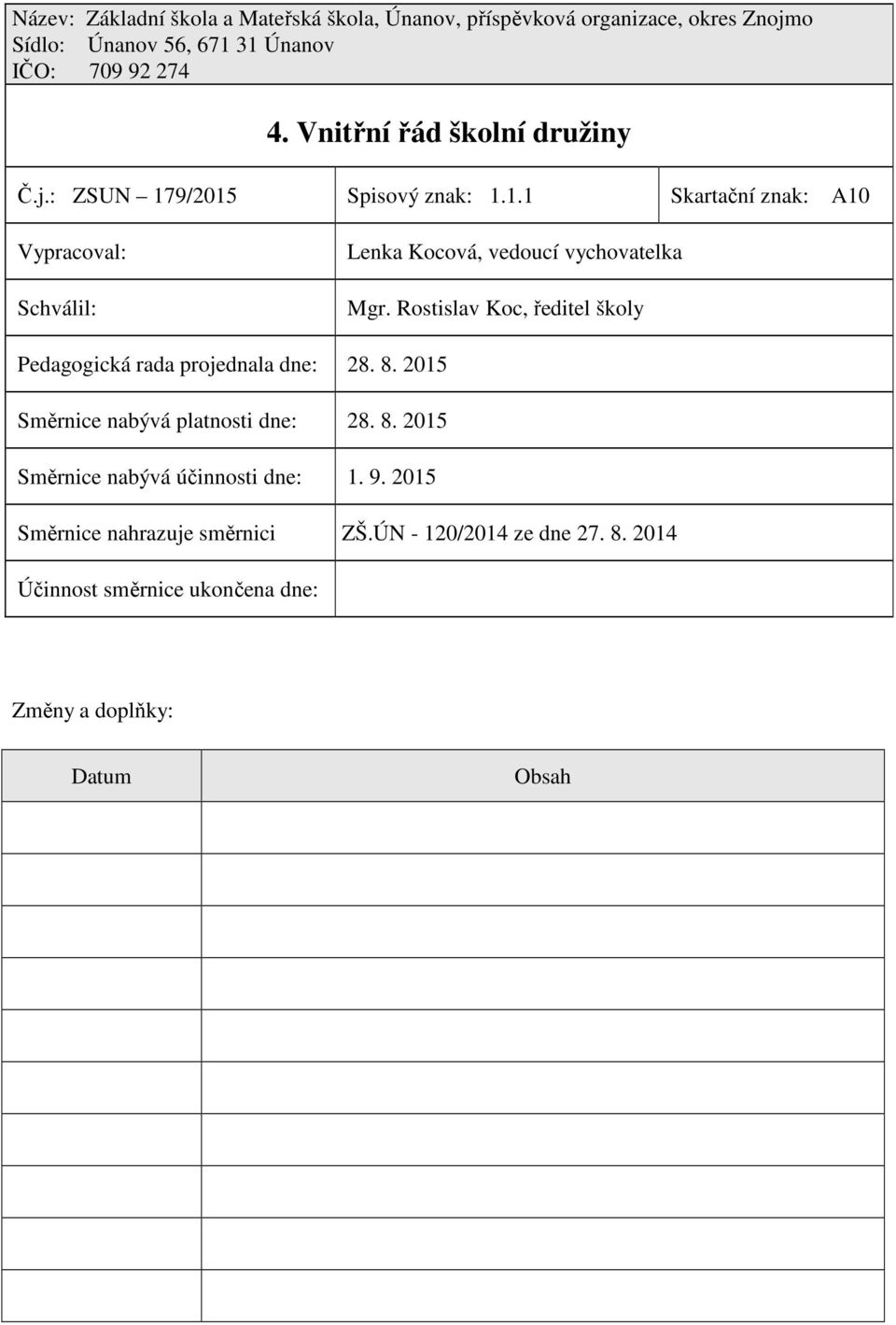 Rostislav Koc, ředitel školy Pedagogická rada projednala dne: 28. 8. 2015 Směrnice nabývá platnosti dne: 28. 8. 2015 Směrnice nabývá účinnosti dne: 1.