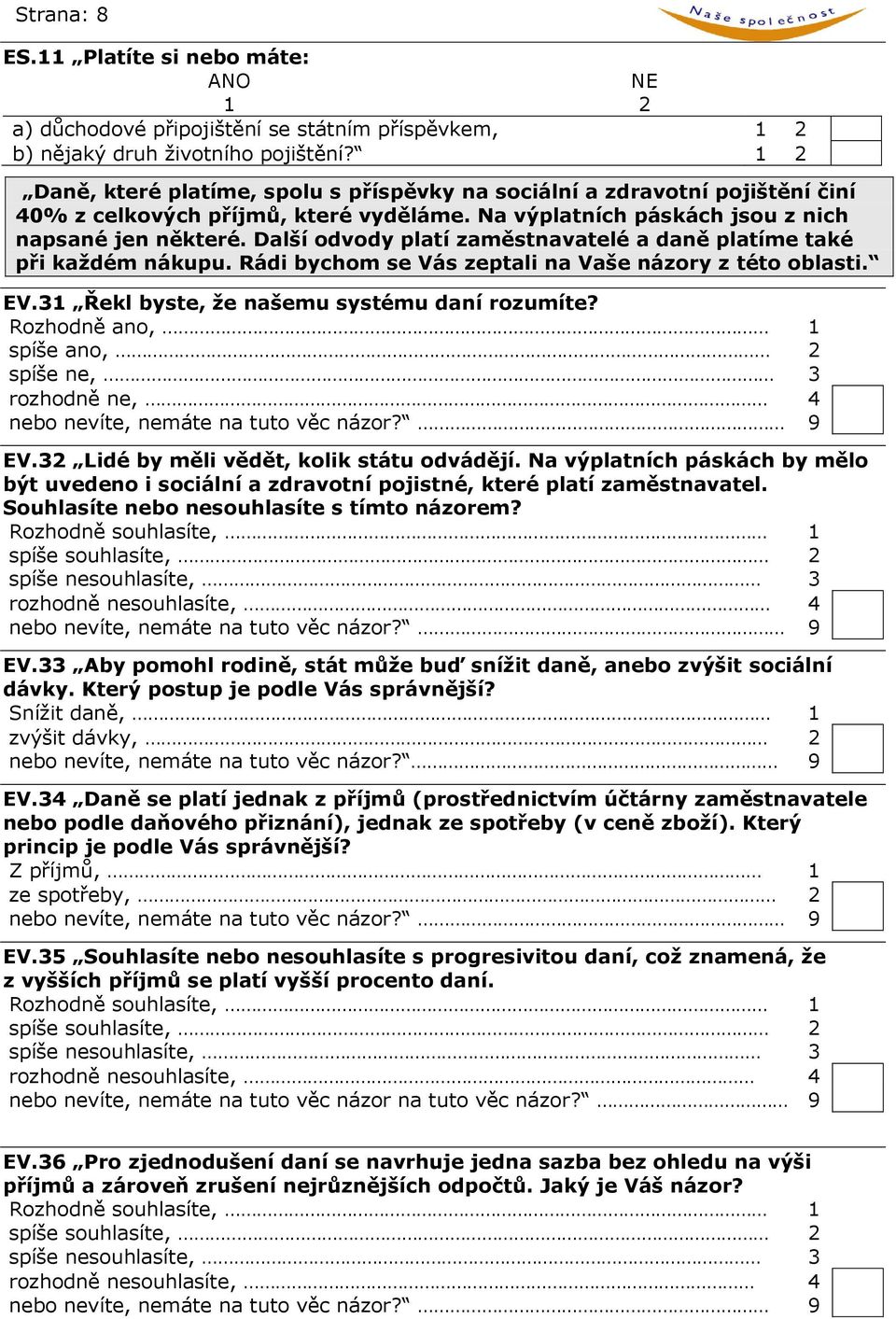 Další odvody platí zaměstnavatelé a daně platíme také při každém nákupu. Rádi bychom se Vás zeptali na Vaše názory z této oblasti. EV.31 Řekl byste, že našemu systému daní rozumíte?