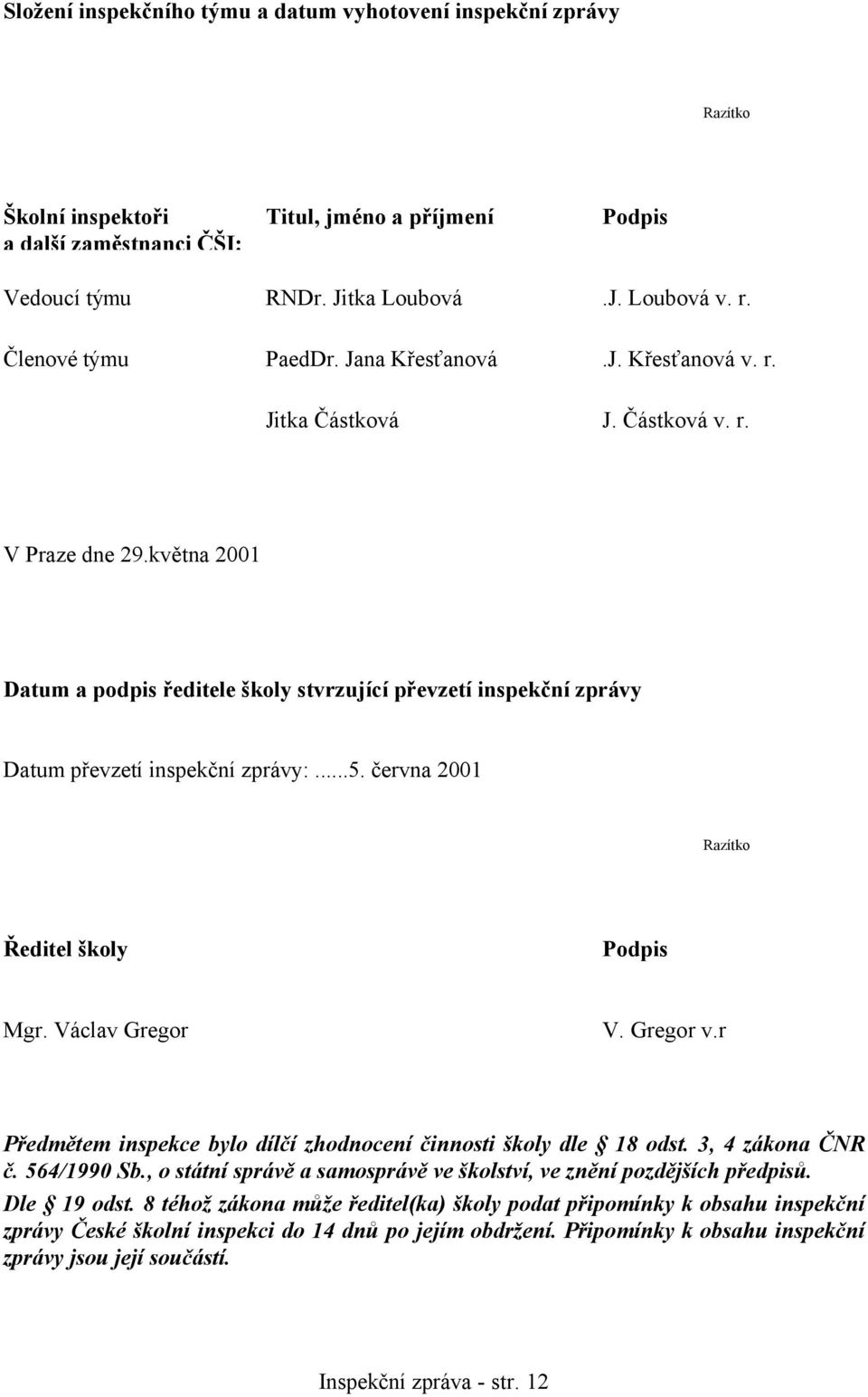 května 2001 Datum a podpis ředitele školy stvrzující převzetí inspekční zprávy Datum převzetí inspekční zprávy:...5. června 2001 Razítko Ředitel školy Podpis Mgr. Václav Gregor V. Gregor v.