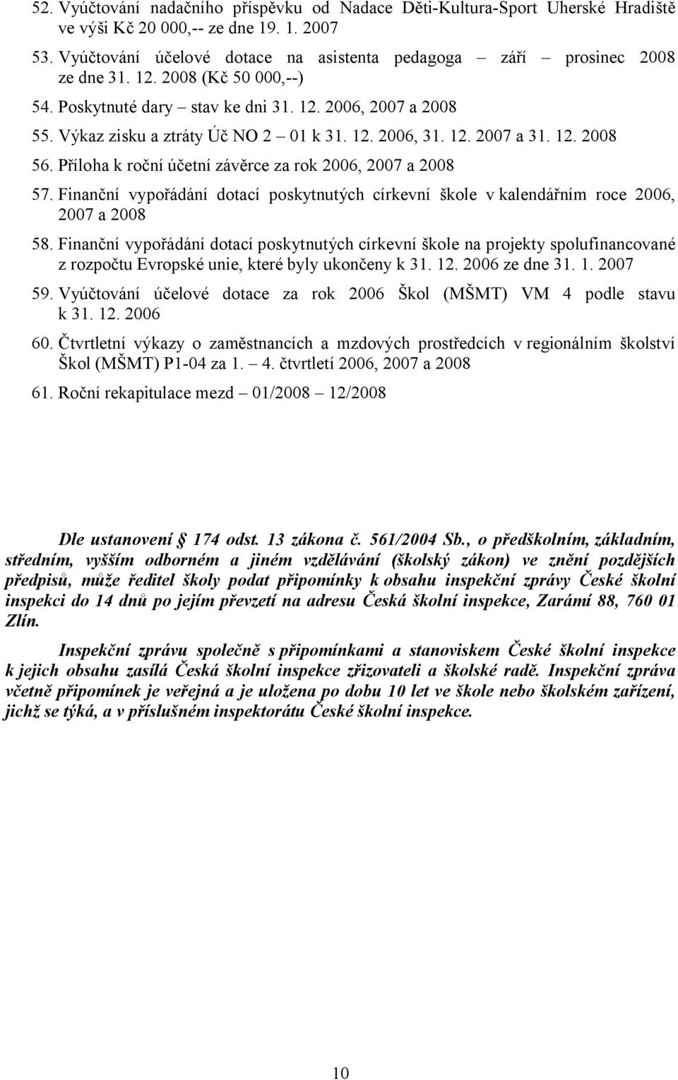 Výkaz zisku a ztráty Úč NO 2 01 k 31. 12. 2006, 31. 12. 2007 a 31. 12. 2008 56. Příloha k roční účetní závěrce za rok 2006, 2007 a 2008 57.