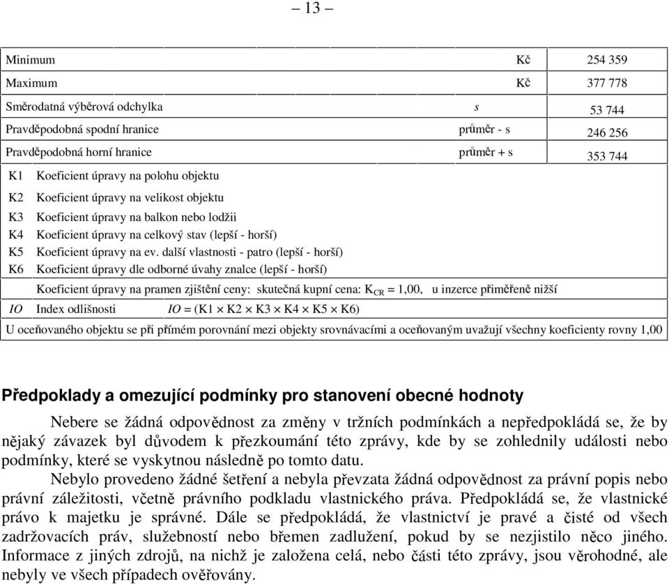 další vlastnosti - patro (lepší - horší) Koeficient úpravy dle odborné úvahy znalce (lepší - horší) Koeficient úpravy na pramen zjištění ceny: skutečná kupní cena: KCR =, u inzerce přiměřeně nižší IO