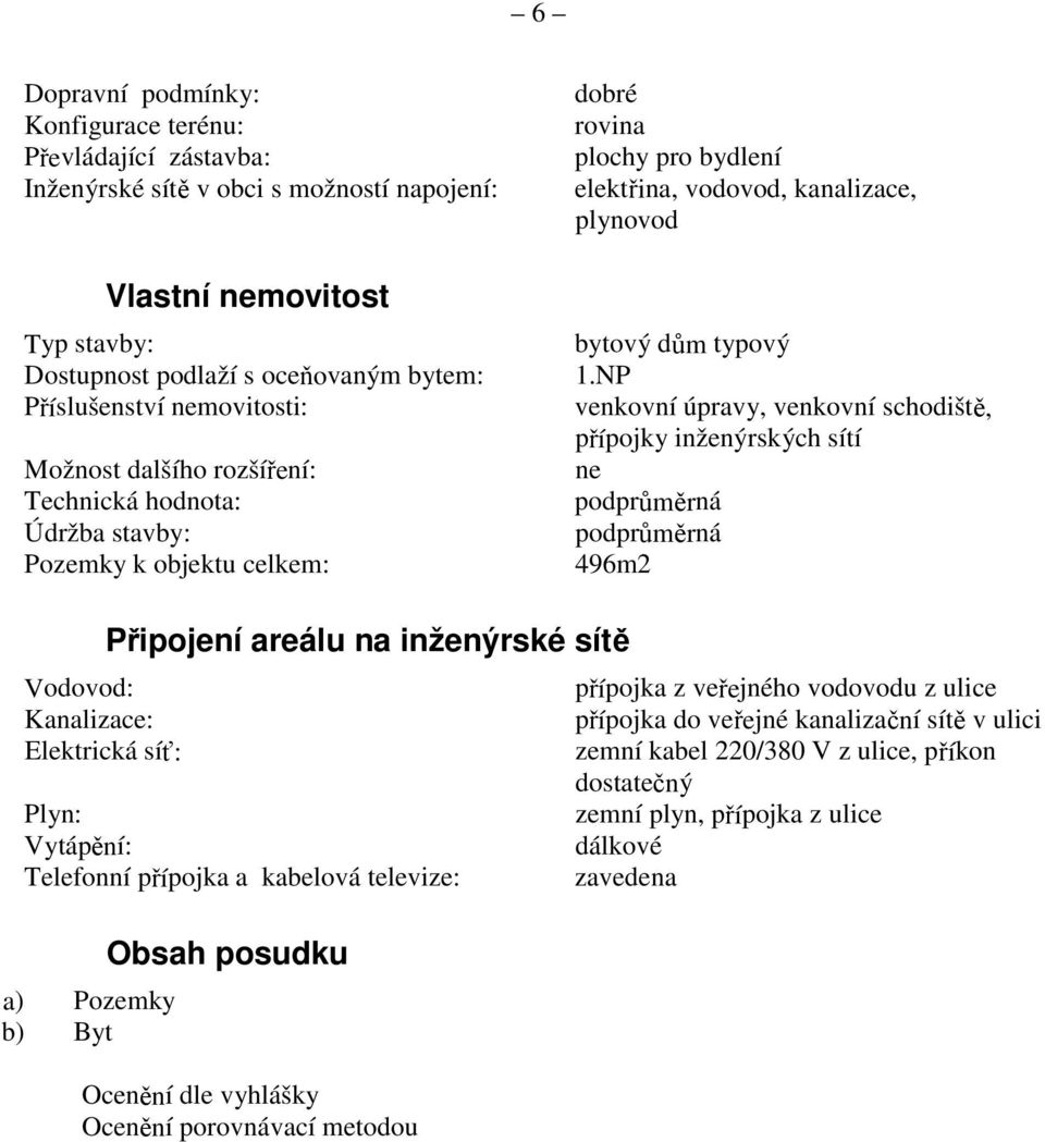 NP venkovní úpravy, venkovní schodiště, přípojky inženýrských sítí ne podprůměrná podprůměrná 496m2 Připojení areálu na inženýrské sítě Vodovod: Kanalizace: Elektrická síť: Plyn: Vytápění: Telefonní