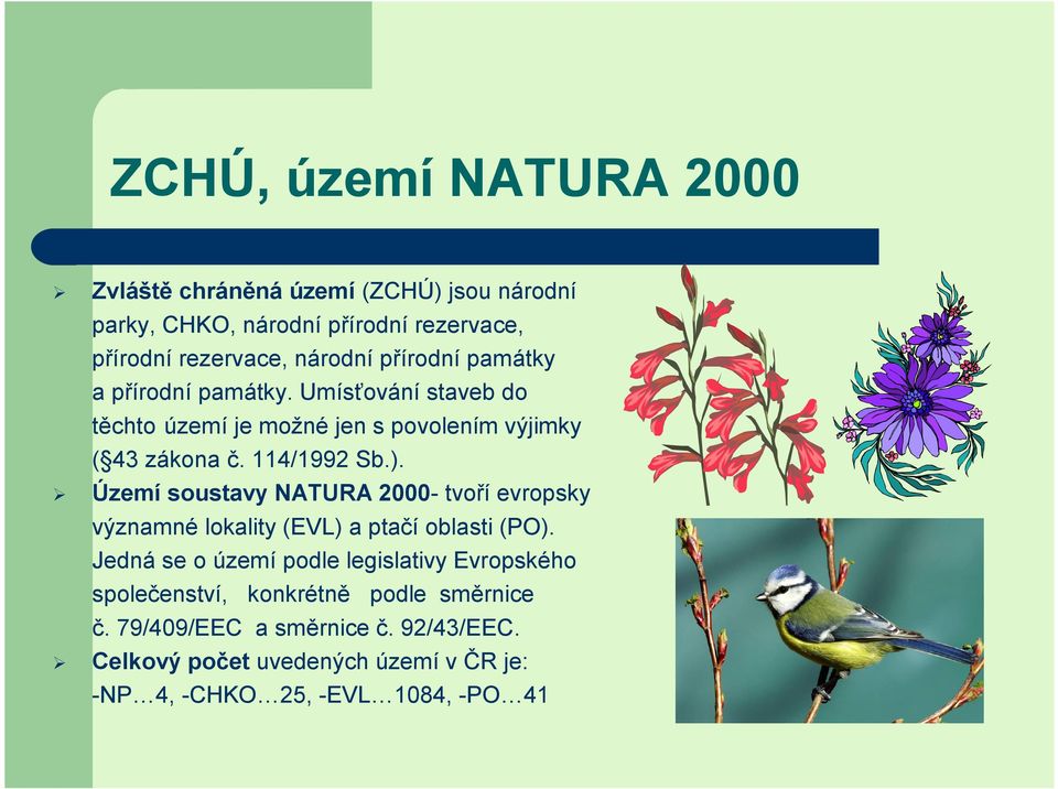 Území soustavy NATURA 2000- tvoří evropsky významné lokality (EVL) a ptačí oblasti (PO).
