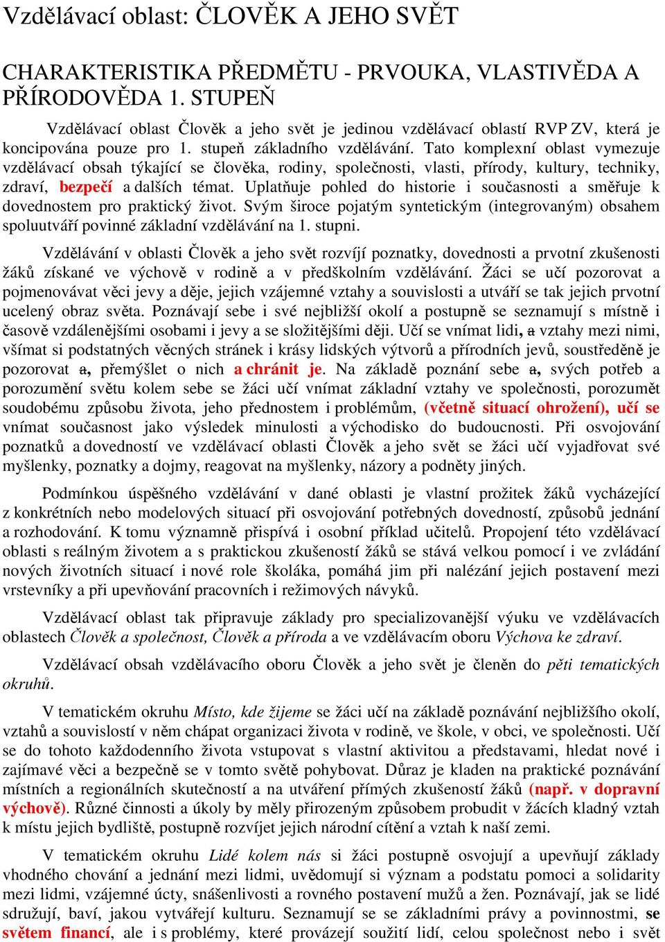 Tato komplexní oblast vymezuje vzdělávací obsah týkající se člověka, rodiny, společnosti, vlasti, přírody, kultury, techniky, zdraví, bezpečí a dalších témat.