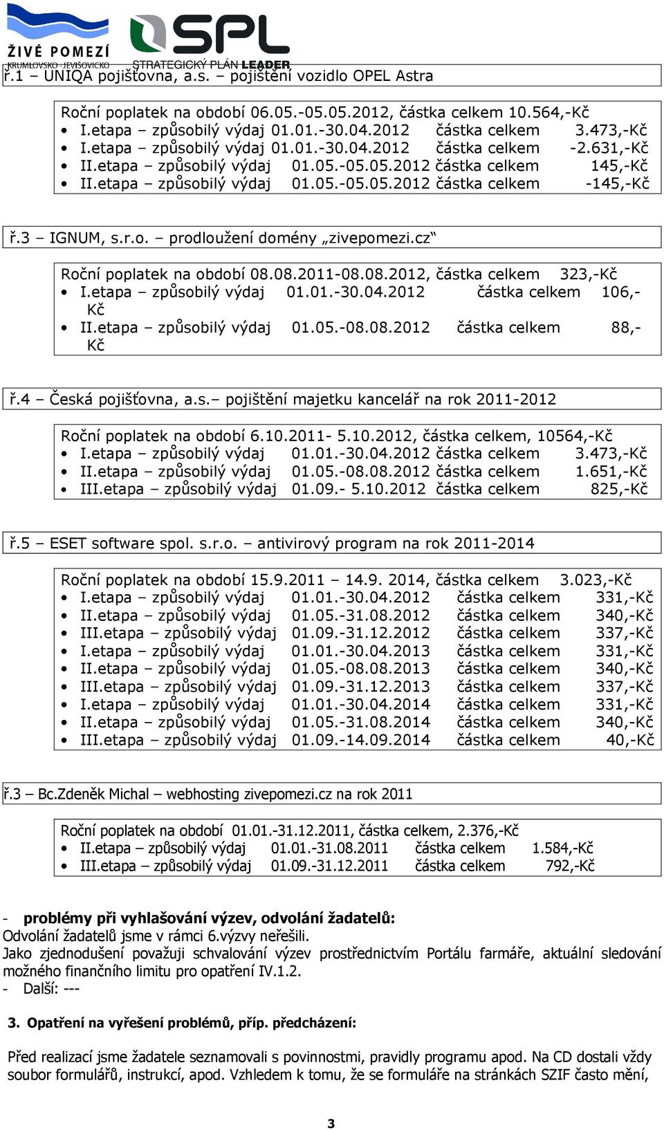 etapa způsobilý výdaj 01.05.-08.08.2012 88,Kč ř.4 Česká pojišťovna, a.s. pojištění majetku kancelář na rok 2011-2012 Roční poplatek na období 6.10.2011-5.10.2012,, 10564,-Kč 01.01.-30.04.2012 3.