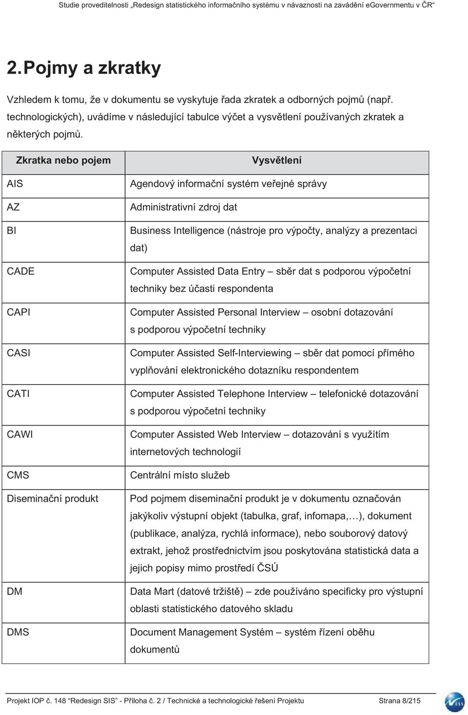 Zkratka nebo pojem AIS AZ BI CADE CAPI CASI CATI CAWI CMS Diseminaní produkt DM DMS Vysvtlení Agendový informaní systém veejné správy Administrativní zdroj dat Business Intelligence (nástroje pro