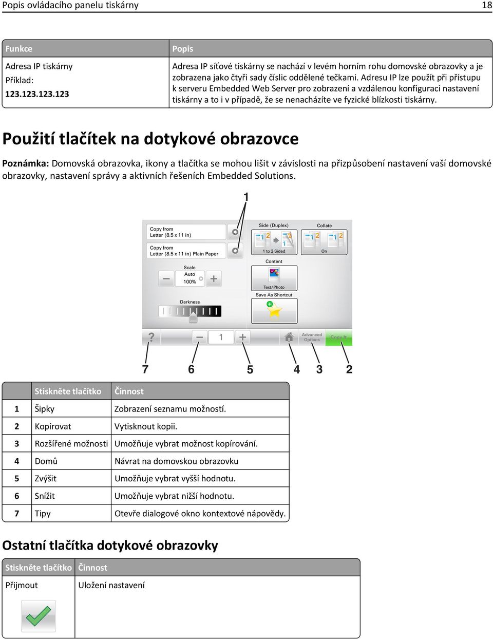 Adresu IP lze použít při přístupu k serveru Embedded Web Server pro zobrazení a vzdálenou konfiguraci nastavení tiskárny a to i v případě, že se nenacházíte ve fyzické blízkosti tiskárny.