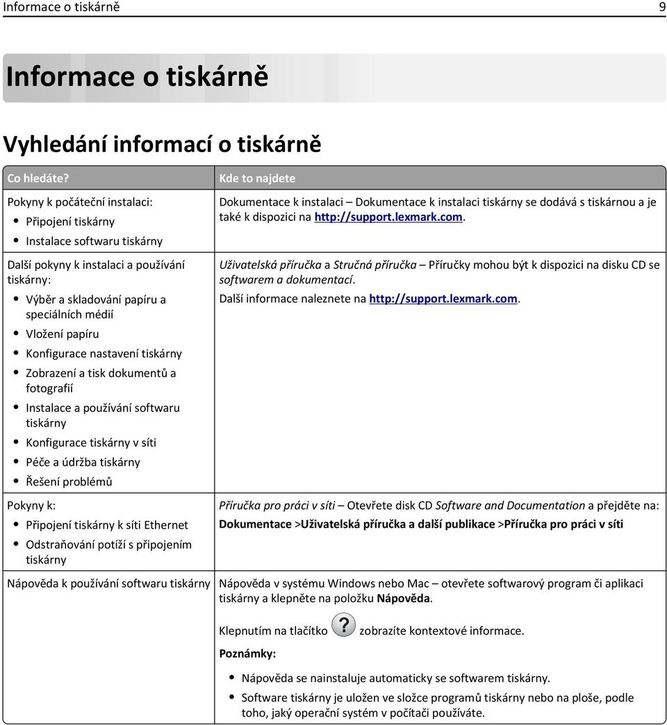 nastavení tiskárny Zobrazení a tisk dokumentů a fotografií Instalace a používání softwaru tiskárny Konfigurace tiskárny v síti Péče a údržba tiskárny Řešení problémů Pokyny k: Připojení tiskárny k