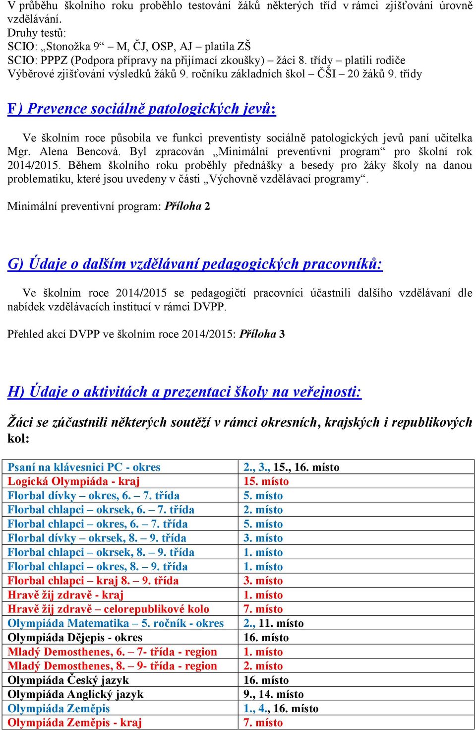 ročníku základních škol ČŠI 20 žáků 9. třídy F) Prevence sociálně patologických jevů: Ve školním roce působila ve funkci preventisty sociálně patologických jevů paní učitelka Mgr. Alena Bencová.