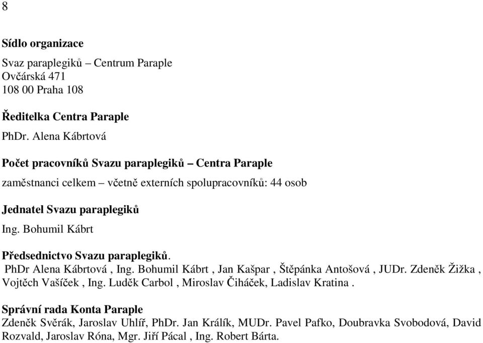 Bohumil Kábrt Předsednictvo Svazu paraplegiků. PhDr Alena Kábrtová, Ing. Bohumil Kábrt, Jan Kašpar, Štěpánka Antošová, JUDr. Zdeněk Žižka, Vojtěch Vašíček, Ing.