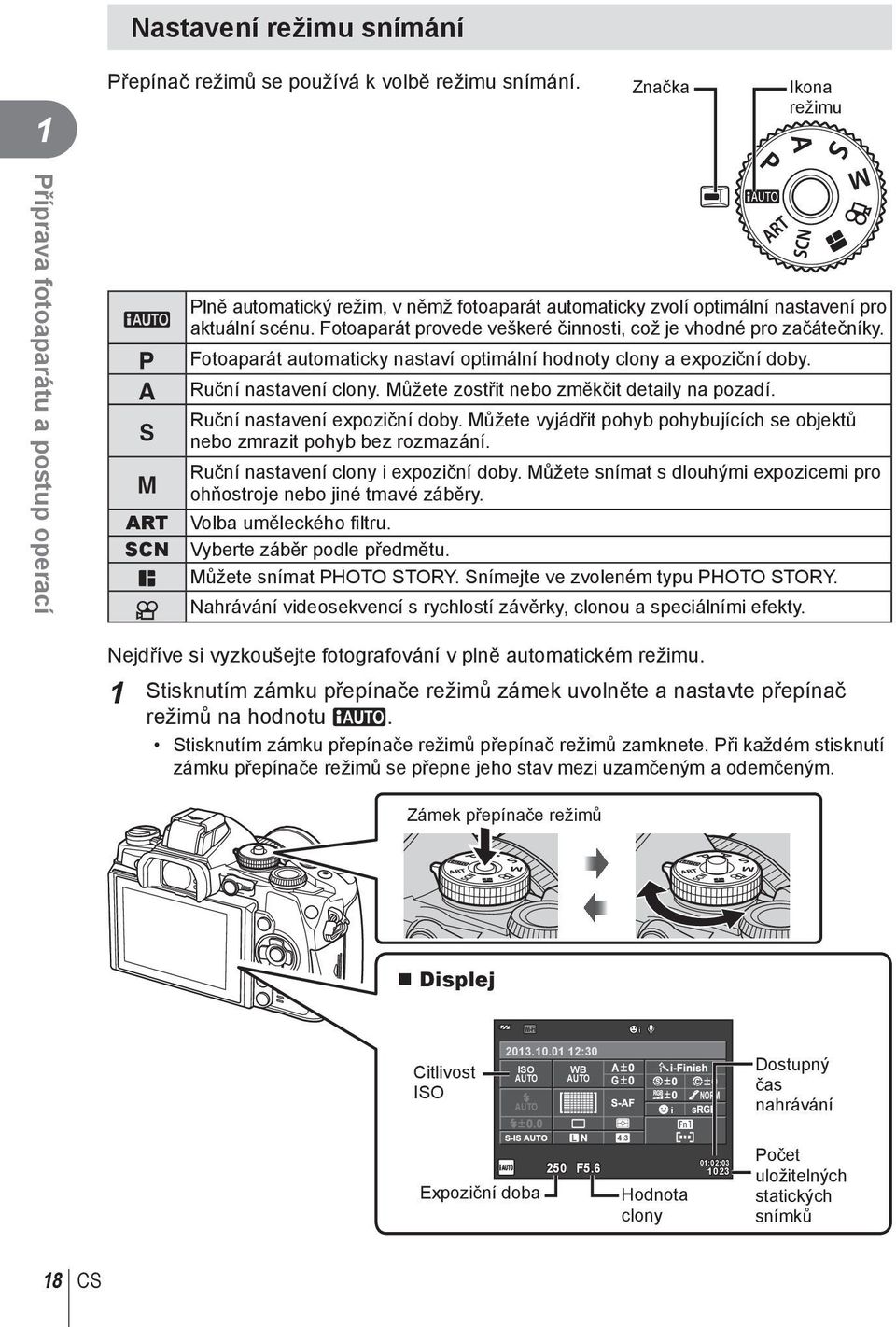 Fotoaparát provede veškeré činnosti, což je vhodné pro začátečníky. Fotoaparát automaticky nastaví optimální hodnoty clony a expoziční doby. Ruční nastavení clony.