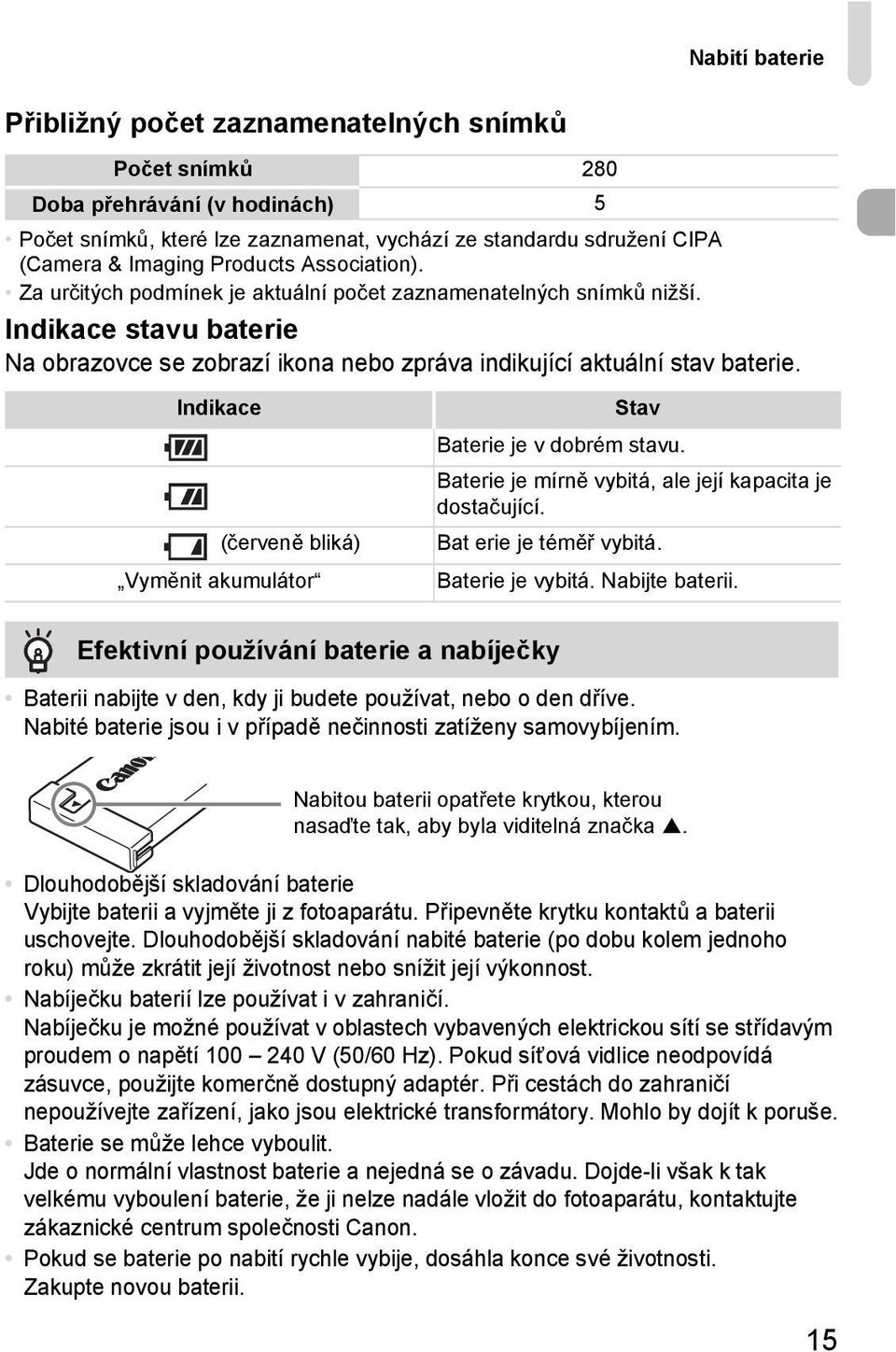 Indikace (červeně bliká) Vyměnit akumulátor Stav Baterie je v dobrém stavu. Baterie je mírně vybitá, ale její kapacita je dostačující. Bat erie je téměř vybitá.