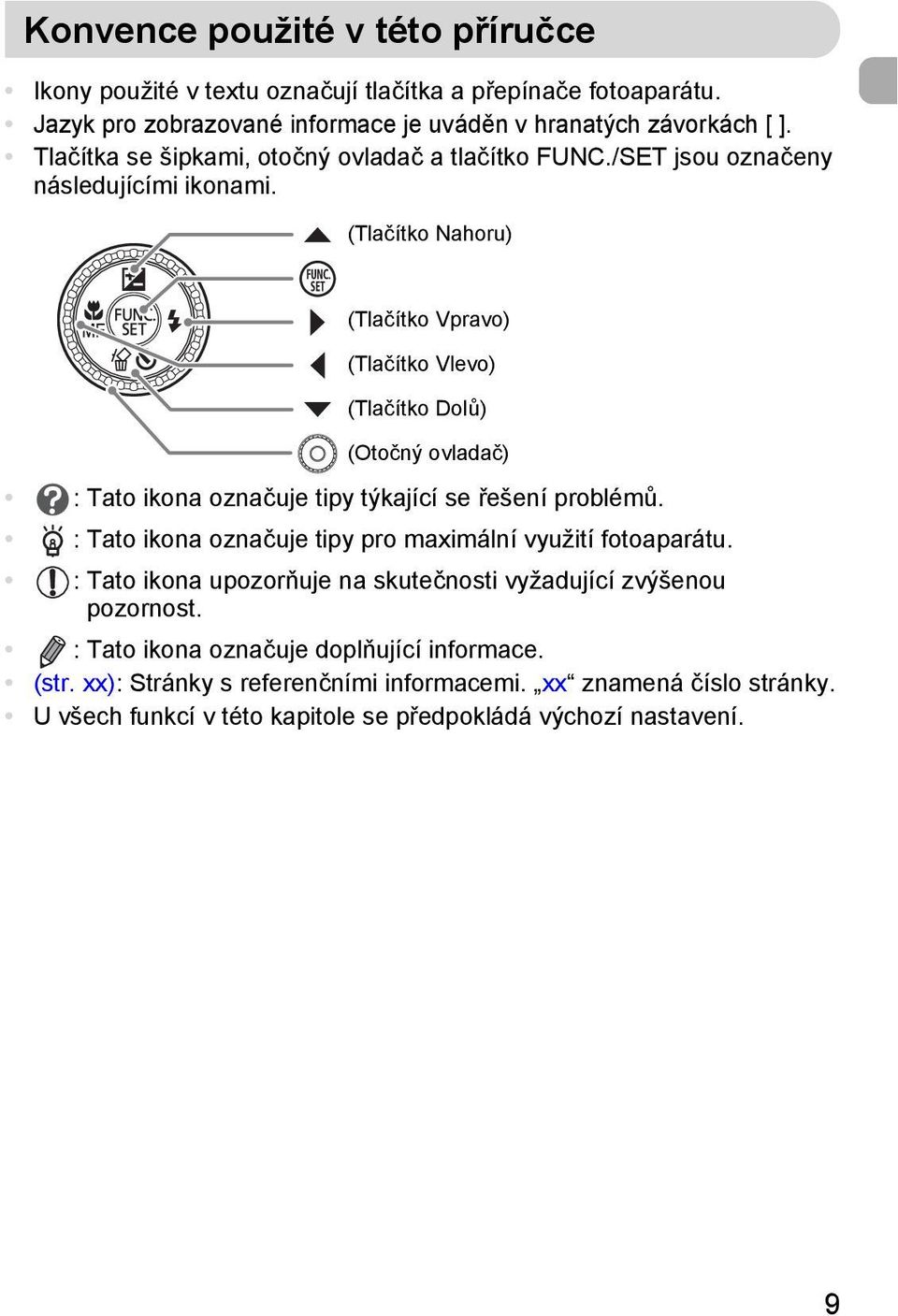 (Tlačítko Nahoru) (Tlačítko Vpravo) (Tlačítko Vlevo) (Tlačítko Dolů) (Otočný ovladač) : Tato ikona označuje tipy týkající se řešení problémů.