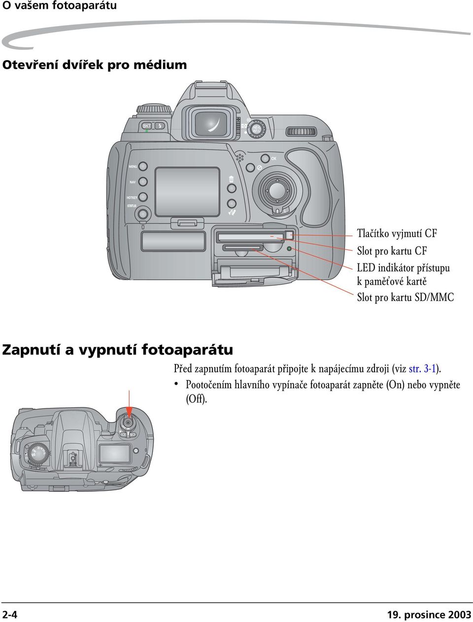 fotoaparátu Před zapnutím fotoaparát připojte k napájecímu zdroji (viz str. 3-1).